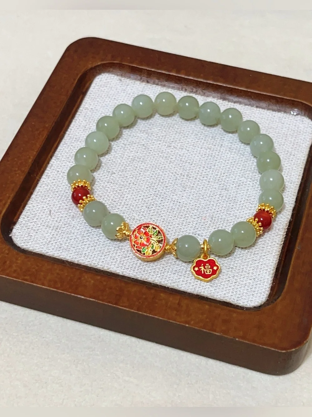 Natural Hetian Jade bead Bracelet with Double-Sided Enamel Flower Charm|Handmade